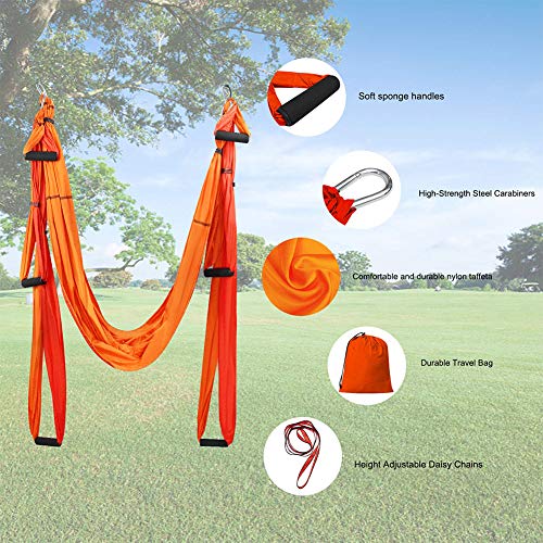 LIERSI 6 Manijas Yoga Aérea Hamaca Yoga Swing Flying Home Yoga Pilates Hamaca para El Cuerpo Que Forma con 4 Mosquetones, Correas De Extensión 2 1 M, 1 Bolsa De Transporte,Naranja