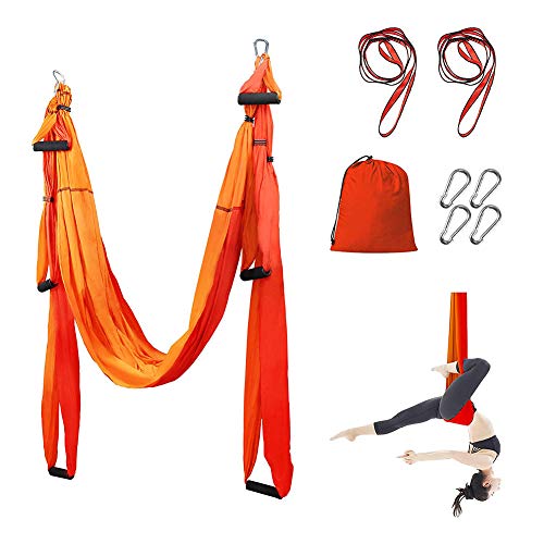 LIERSI 6 Manijas Yoga Aérea Hamaca Yoga Swing Flying Home Yoga Pilates Hamaca para El Cuerpo Que Forma con 4 Mosquetones, Correas De Extensión 2 1 M, 1 Bolsa De Transporte,Naranja