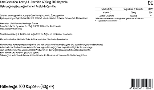 Life Extension, Acetyl-L-Carnitin, 500mg, con Vitamina C, Dosis Alta, 100 Cápsulas veganas, Probadas en Laboratorio, Sin Gluten, Vegetarianas, Sin Soja, No GMO