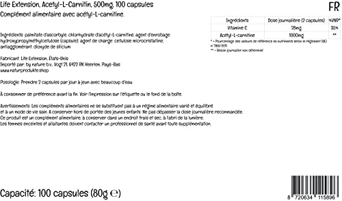 Life Extension, Acetyl-L-Carnitin, 500mg, con Vitamina C, Dosis Alta, 100 Cápsulas veganas, Probadas en Laboratorio, Sin Gluten, Vegetarianas, Sin Soja, No GMO