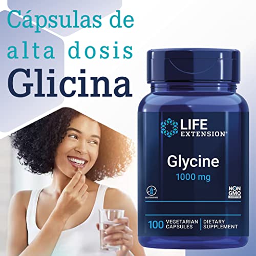 Life Extension, Glycine 1000mg, Alta Dosis, 100 Cápsulas veganas, Probadas en Laboratorio, Sin Gluten, Vegetarianas, Sin Soja, No GMO