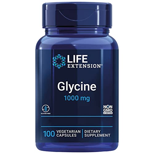 Life Extension, Glycine 1000mg, Alta Dosis, 100 Cápsulas veganas, Probadas en Laboratorio, Sin Gluten, Vegetarianas, Sin Soja, No GMO