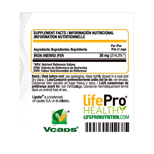 Life Pro Iron 60 caps. | Suplemento alimenticio para contribuir al funcionamiento del sistema inmunitario | Ayuda a nuestros depósitos ante el déficit de hierro - Ata biodisponibilidad - 60 Vegancaps