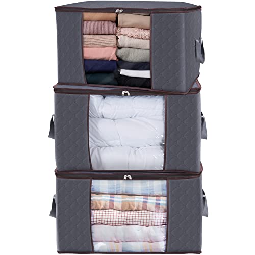 Lifewit 3 Piezas 90L Cajas Almacenaje Ropa, Bolsa Almacenaje Ropa, Organizador Armario Plegable, Cajas Mudanza, Cajas Almacenaje Plastico, Bolsas para Guardar Ropa, Mantas, Edredones, Gris