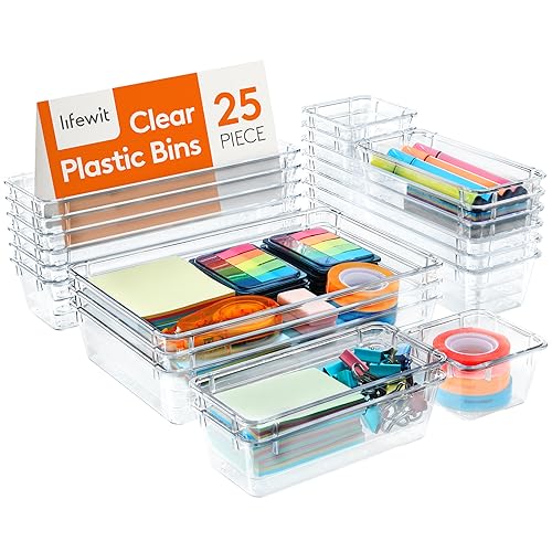 Lifewit Set de 25 Organizadores de Cajones de Plástico Transparente, Separadores de Cajones de Escritorio, Bandejas de Almacenaje, Cajas Separadoras para Maquillaje, Joyas, Dormitorio, Baño, Oficina