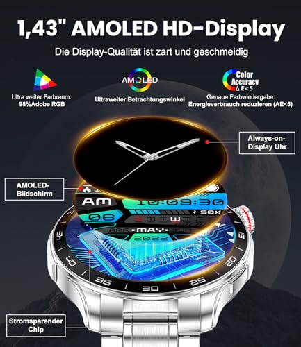 LIGE Reloj Inteligente Hombre, 1.43" AMOLED Always on Display Smartwatch con función de teléfono para iOS Android, IP67 Impermeable Fitness Watch con Monitor de Ritmo cardíaco Monitor de sueño