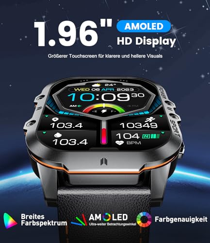 LIGE Reloj inteligente militar para hombre y mujer, reloj deportivo Amoled Always on Display de 1,96 pulgadas con llamadas bluetooth para iOS Android, IP68 impermeable, reloj de fitness con monitor de