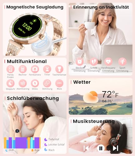 LIGE Reloj inteligente mujer diamante con pantalla pequeña de 1,19 pulgadas, función de teléfono, resistente al agua 5 ATM, AMOLED Always on Display Fitness Tracker 111 modos deportivos presión