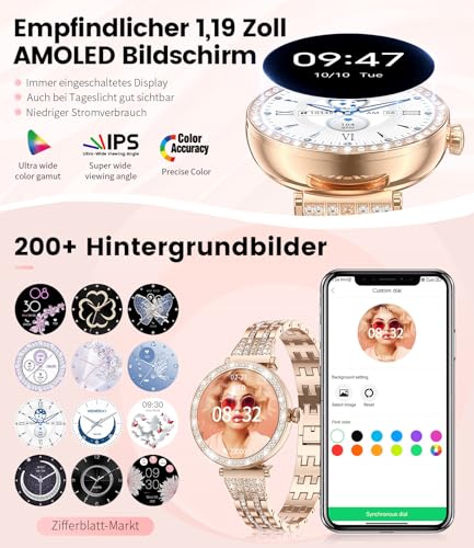 LIGE Reloj inteligente mujer diamante con pantalla pequeña de 1,19 pulgadas, función de teléfono, resistente al agua 5 ATM, AMOLED Always on Display Fitness Tracker 111 modos deportivos presión