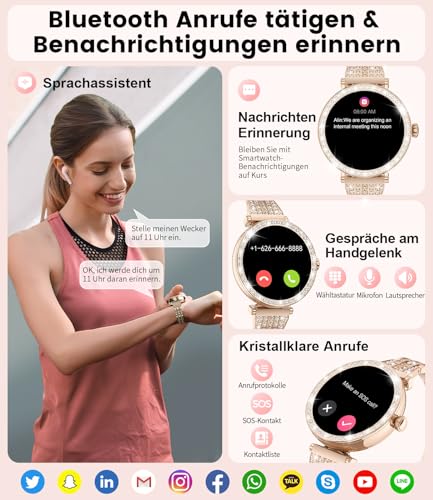 LIGE Reloj inteligente mujer diamante con pantalla pequeña de 1,19 pulgadas, función de teléfono, resistente al agua 5 ATM, AMOLED Always on Display Fitness Tracker 111 modos deportivos presión