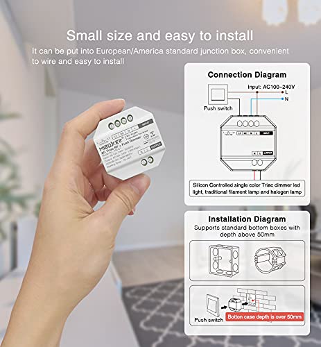 LIGHTEU, Milight Miboxer TRIAC Dimmer Module RF + PUSH Control para Lámparas Focos AC 100-240V Trailing Edge Phase Cut Dimmer TRI-C1