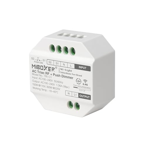 LIGHTEU, Milight Miboxer TRIAC Dimmer Module RF + PUSH Control para Lámparas Focos AC 100-240V Trailing Edge Phase Cut Dimmer TRI-C1