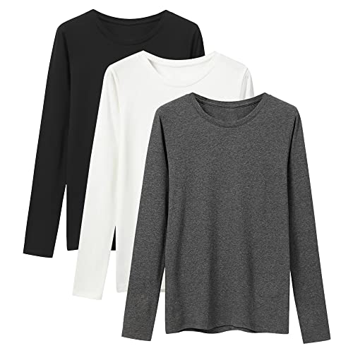 LiKing Camiseta de Manga Larga Mujer Básico Camisa Blusas Tops con Cuello Redondo en Algodón, Pack de 3 Negro Crema Gris Oscuro 6151 Small