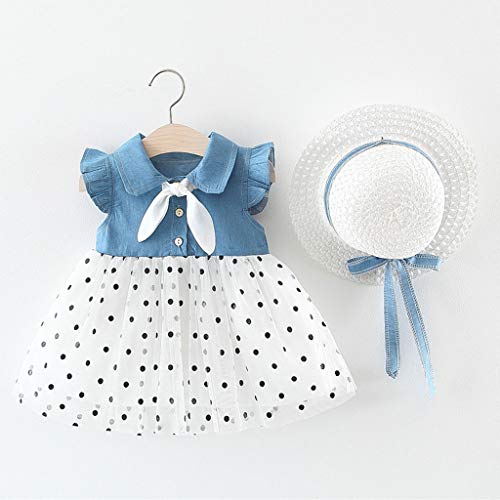 Lindo Vestido de Bebés Niña Sin Manga de Lunares de Plisada + Sombrero de Paja de Arco Trajes ┃Vestidos de Princesa Playa Impresión de Sandía┃Fossen Niña Ropa para Vacaciones, IR a la Escuela