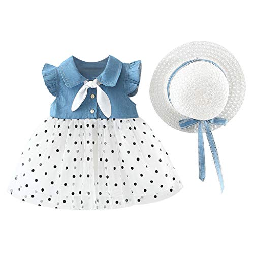 Lindo Vestido de Bebés Niña Sin Manga de Lunares de Plisada + Sombrero de Paja de Arco Trajes ┃Vestidos de Princesa Playa Impresión de Sandía┃Fossen Niña Ropa para Vacaciones, IR a la Escuela