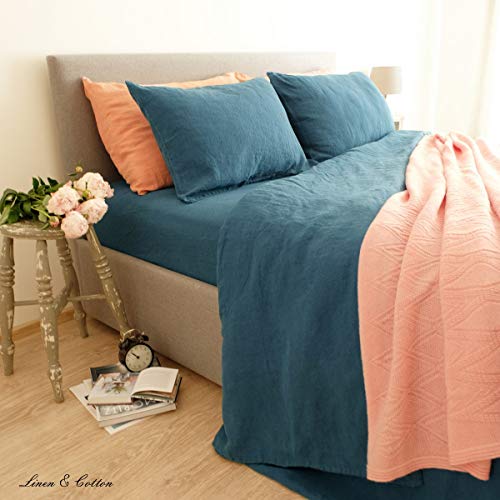 Linen & Cotton Juego de Ropa de Cama Alicia de Puro Lino - 100% Lino Lavado A La Piedra, 140 x 200cm (Single), Azul Gasolina