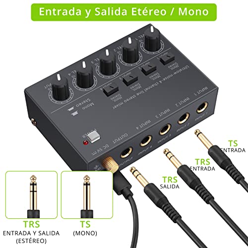 LiNKFOR Mezclador de Audio de 4 Canales con Controles de Volumen Separados Consola de Mezcla de Sonido de Ruido Bajo Interfaz de Audio Estéreo para Auriculares Altavoces Micrófonos Guitarras