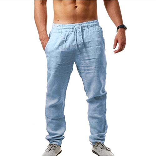 Lino suelto elástico sólido transpirable color para hombres pantalones casuales para pantalones de algodón pantalones rojo señoras cuero sintético, azul celeste, M