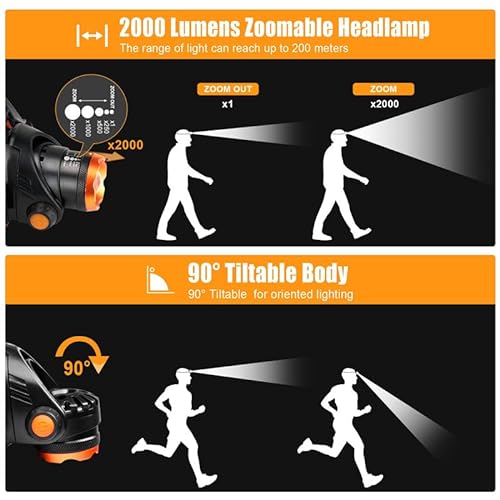 Linterna Frontal Led Recargable, 2000 Lumenes con Zoom, Bateria de 4400 mAh, Luz Frontal Cabeza Potente IP66 Impermeable con 3 Modos, para Correr, Pescar, Andar en Bicicleta