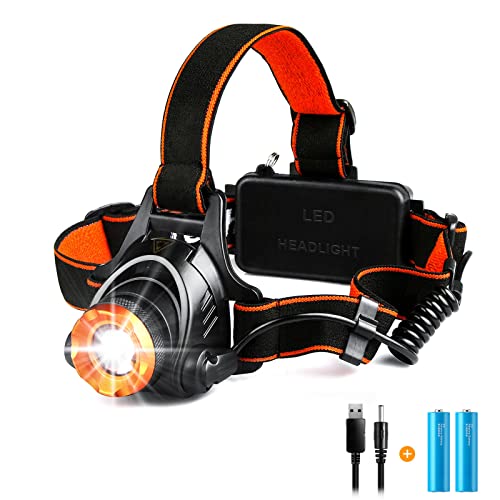 Linterna Frontal Led Recargable, 2000 Lumenes con Zoom, Bateria de 4400 mAh, Luz Frontal Cabeza Potente IP66 Impermeable con 3 Modos, para Correr, Pescar, Andar en Bicicleta