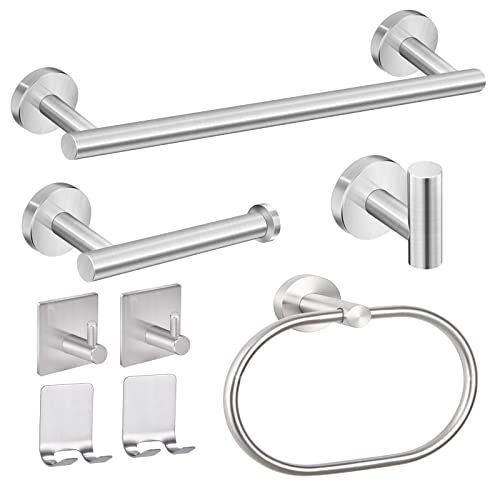 Linyoish 8 Piezas Juego baño Accesorios Acero Inoxidable Toallero,Sujetador Papel de baño,Anillo de Toalla,Gancho para Bata,Ganchos Adhesivos,Soportes Adhesivos para maquinillas de Afeitar (Plata)