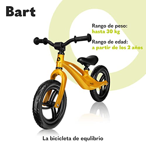 lionelo Bart Bicicleta sin Pedales de 2 años hasta 30kg, Cuadro de magnesio, al Estilo Deportivo, Ruedas 12", Altura de Manillar y sillín Regulable, Muy Robusta y Ligera (Amarillo, Bart)