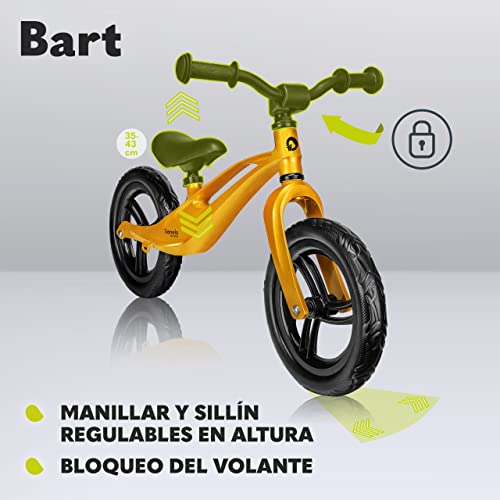 lionelo Bart Bicicleta sin Pedales de 2 años hasta 30kg, Cuadro de magnesio, al Estilo Deportivo, Ruedas 12", Altura de Manillar y sillín Regulable, Muy Robusta y Ligera (Amarillo, Bart)