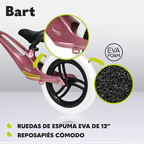 lionelo Bart Bicicleta sin Pedales de 2 años hasta 30kg, Cuadro de magnesio, al Estilo Deportivo, Ruedas 12", Altura de Manillar y sillín Regulable, Muy Robusta y Ligera (Rosado, Bart)