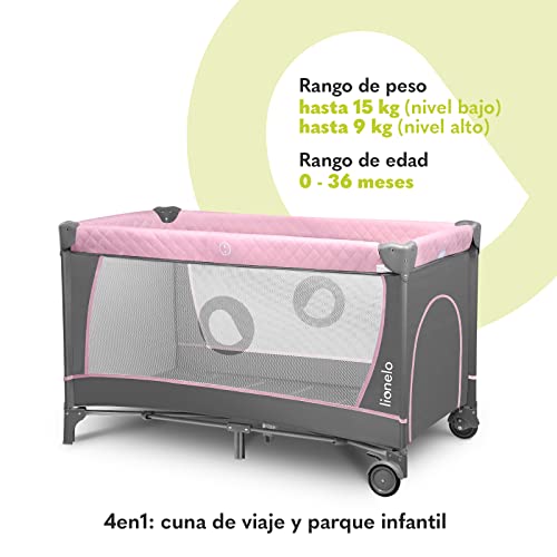 LIONELO Flower Camita de viaje 4 en 1 Para niños hasta 15 kg Colchón Organizador Cambiador Toy bar Juguetes interactivos 2 Reudas Compacta Bolsa para transportar Rosa y Gris