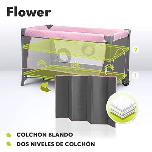 LIONELO Flower Camita de viaje 4 en 1 Para niños hasta 15 kg Colchón Organizador Cambiador Toy bar Juguetes interactivos 2 Reudas Compacta Bolsa para transportar Rosa y Gris