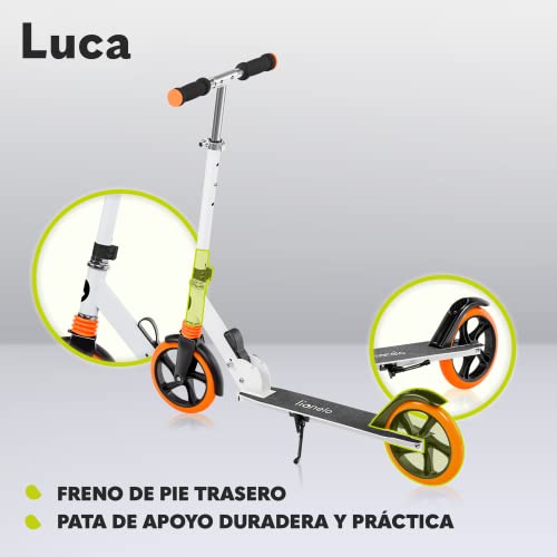 LIONELO Luca Patinete Urbano XXL hasta 100 kg, Scooter para niños, Grandes Ruedas 200 mm ShockResist Amortiguador, Volante Ajustable Altura, Freno Plegable (Blanco)