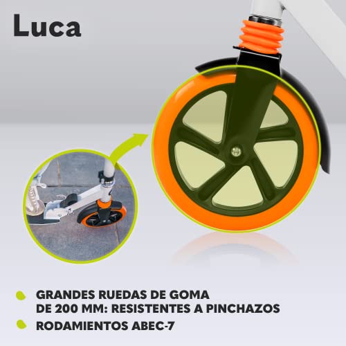 LIONELO Luca Patinete Urbano XXL hasta 100 kg, Scooter para niños, Grandes Ruedas 200 mm ShockResist Amortiguador, Volante Ajustable Altura, Freno Plegable (Blanco)