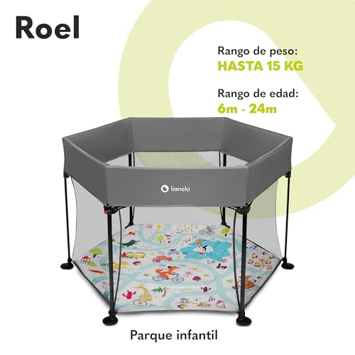 LIONELO Roel parque infantil bebe de 6 meses a 15 kg Cubiertas antideslizantes para las patas forma hexagonal bloqueo de plegado LockGuard plegado rápido bolsa de transporte (Azul) (Grey)