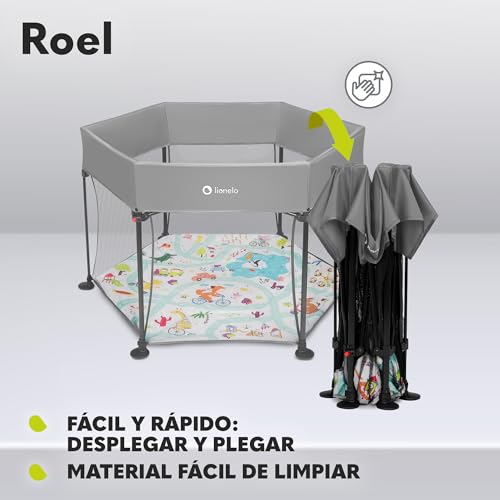 LIONELO Roel parque infantil bebe de 6 meses a 15 kg Cubiertas antideslizantes para las patas forma hexagonal bloqueo de plegado LockGuard plegado rápido bolsa de transporte (Azul) (Grey)