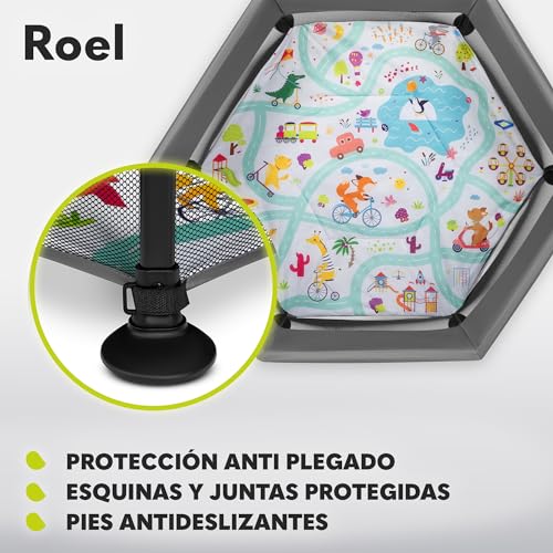 LIONELO Roel parque infantil bebe de 6 meses a 15 kg Cubiertas antideslizantes para las patas forma hexagonal bloqueo de plegado LockGuard plegado rápido bolsa de transporte (Azul) (Grey)