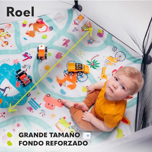 LIONELO Roel parque infantil bebe de 6 meses a 15 kg Cubiertas antideslizantes para las patas forma hexagonal bloqueo de plegado LockGuard plegado rápido bolsa de transporte (Azul) (Grey)