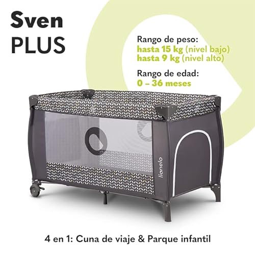 LIONELO Sven Plus 2en1 Cuna de viaje y parque de bebés 0-36M Para niños hasta 15 kg Función de cambiador Mosquitero Apertura lateral con cremallera Ajuste de altura Gris y turquesa