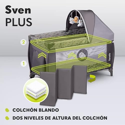 LIONELO Sven Plus 2en1 Cuna de viaje y parque de bebés 0-36M Para niños hasta 15 kg Función de cambiador Mosquitero Apertura lateral con cremallera Ajuste de altura Gris y turquesa