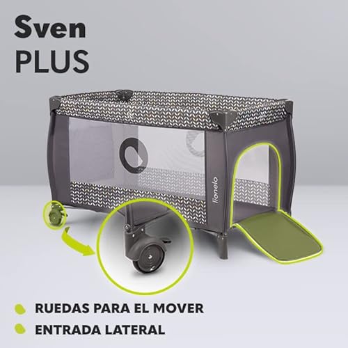 LIONELO Sven Plus 2en1 Cuna de viaje y parque de bebés 0-36M Para niños hasta 15 kg Función de cambiador Mosquitero Apertura lateral con cremallera Ajuste de altura Gris y turquesa