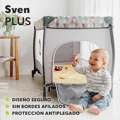 LIONELO Sven Plus 2en1 Cuna de viaje y parque de bebés 0-36M Para niños hasta 15 kg Función de cambiador Mosquitero Apertura lateral con cremallera Ajuste de altura Gris y turquesa