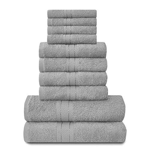 Lions Towels 544753 - Juego de 10 piezas 100% algodón egipcio, 4 caras, 4 manos y 2 toallas de baño, accesorios de baño altamente absorbentes de agua, lavables a máquina, plata, 544753