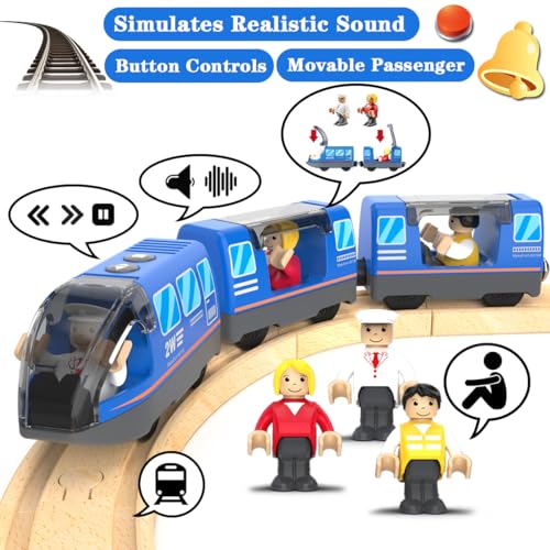 LiRiQi Tren eléctrico de Juguete, Tren de Locomotora de acción con Pilas, Potente Juego de Tren de Motor, Coche de Juguetes Cumpleaños para niños pequeños, Compatible con Thomas, Brio, Azul