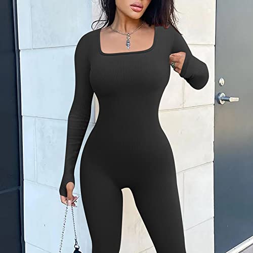 Litthing Monos de Yoga para Mujer Mono de Punto de Costilla de Manga Larga con Cuello Cuadrado Ropa de Entrenamiento para Mujer Chándales Ropa Activa (S, A-Negro)