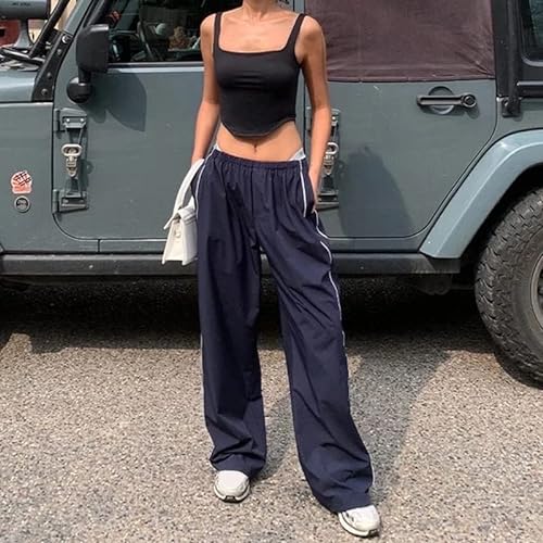 Litthing Pantalones Cargo Mujer Pantalon con Bolsillos Laterales Elásticos Recto Parachute Pants Hippies Harajuku Streetwear Hip Hop Pantalones Anchos Vintage de Cintura Alta