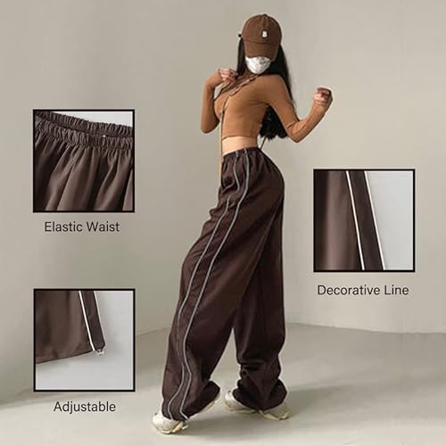 Litthing Pantalones Cargo Mujer Pantalon con Bolsillos Laterales Elásticos Recto Parachute Pants Hippies Harajuku Streetwear Hip Hop Pantalones Anchos Vintage de Cintura Alta