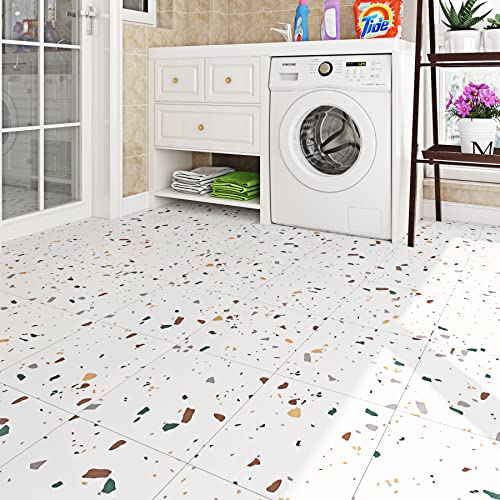 Livelynine Suelo Vinilo Autoadhesivo Efecto Terrazo Vinilo Suelo Autoadhesivo Antiralladuras Suelo Vinilico Autoadhesivo Blanco Lavable para Baño Cocina Salón Losetas Vinilo para Suelo 30x30 4 Losetas