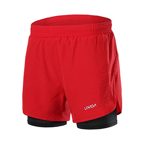 Lixada Hombres Pantalónes Cortos de Running 2-en-1, Pantalones Cortos de Atletismo, Pantalones Cortos de Fitness Maratón, Transpirable Pantalones+Secado Rápido (Rojo Negro, M)