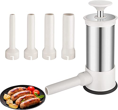 Lixiin Máquina Salchichas, Embutidora de Chorizos Máquina de Salchichas Embutidos Manual de Acero Inoxidable con 4 Tubos de Llenado para Hogar Fiesta (Capacidad 2.2L)