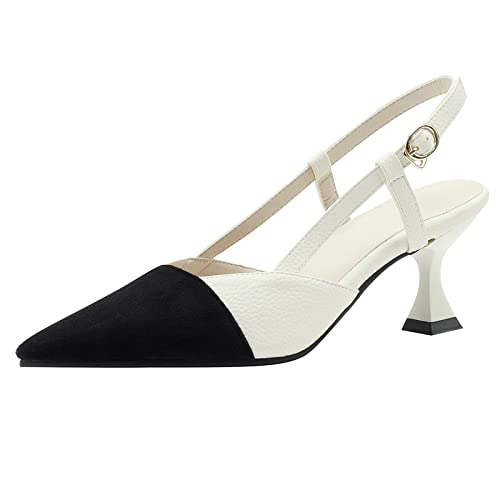 Lizoleor Mujer Mini Tacón Slingback Dos Tonos Puntiagudo Pump Moda Tacón Alto Pump Verano Noche Tacón De Aguja Vestido Beige Talla 33 EU