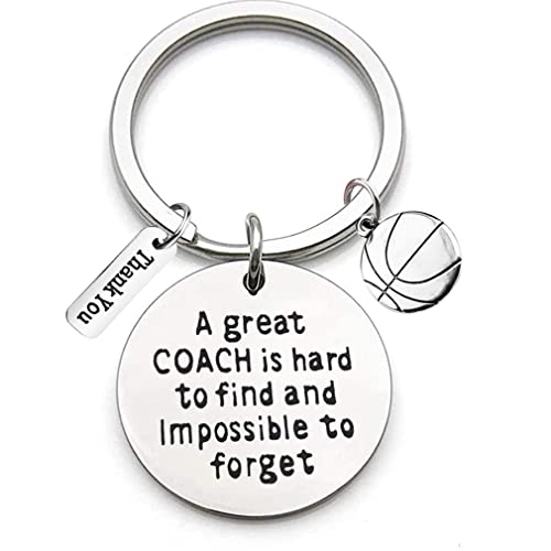 Llavero de acero inoxidable con grabado "A Great Coach is Hard to Find and Impossible to Forget" y adorno de baloncesto, llavero para profesores, entrenador, regalo para el día del profesor, plata, M